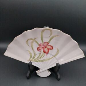Vintage Fan Shaped Porcelain Dish Pink Iris Flower Gold Rim Decorative Plate